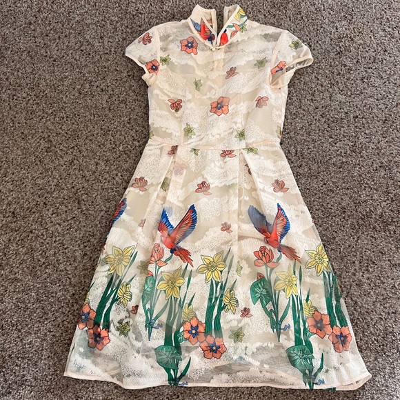 Unique Vintage Dresses & Skirts - Unique Vintage Cream Dress with Multicolor Accents